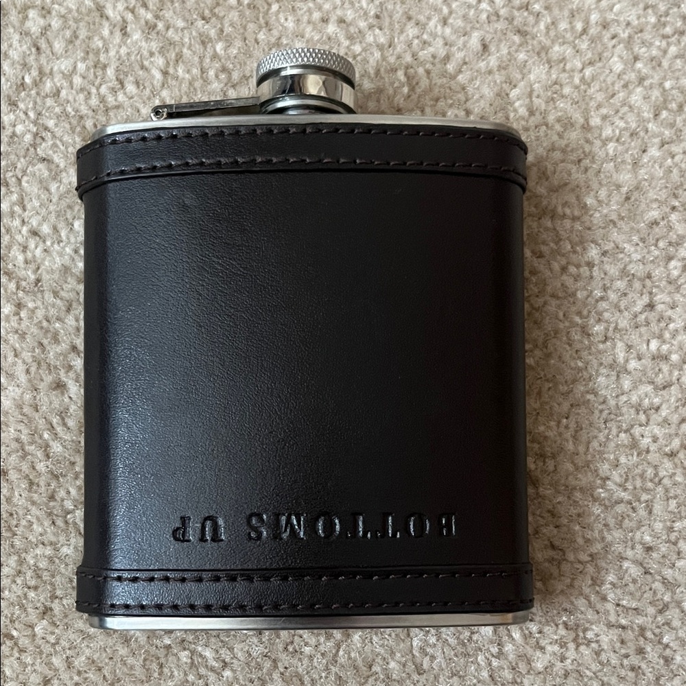 Brown Leather J. Crew Bottoms Up Flask with Stainless Steel Accents